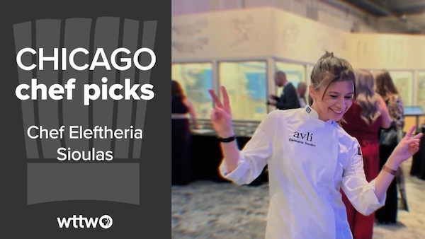 Eleftheria Sioulas was born in Chicago, raised in Athens, and now shares the cuisine of Greece in Chicago at Avli. Credit: Provided A woman in chef whites holds up peace signs next to a Chicago Chef Picks graphic