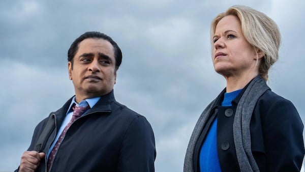 Sunny and Jess have a new case when human remains are found in a marsh. Credit: Sam Taylor for Masterpiece and Mainstreet Productions Sunny looks at Jess in front of a gray sky