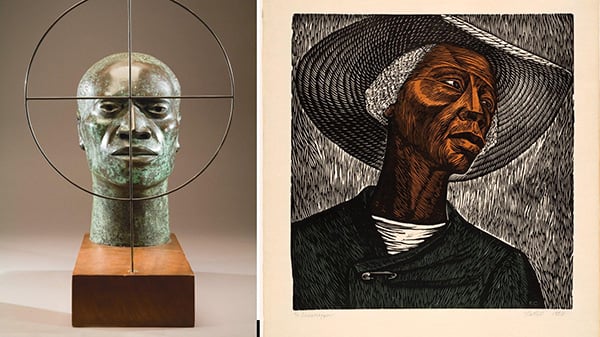 A bust of a head next to a linocut of a Black woman in a hat