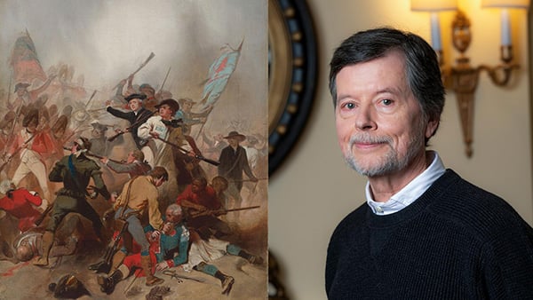 A painting of a Revolutionary War battle next to a portrait of Ken Burns