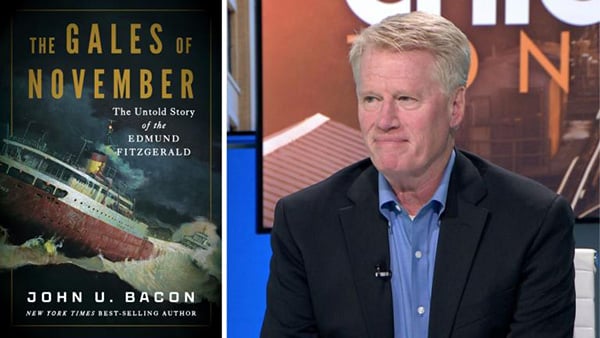 Credit: WTTW News A side-by-side image collage of John Bacon's book, the Gales of November, next to a photo Bacon appearing on "Chicago Tonight."