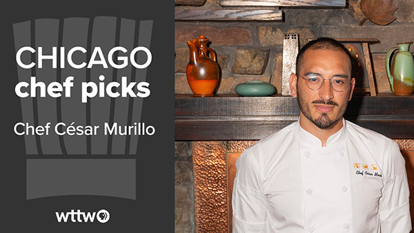 César Murillo was a semifinalist on 'Top Chef' and is the executive chef at Chicago's North Pond. Credit: Provided Cesar Murillo in chef whites next to a Chicago chef picks graphic
