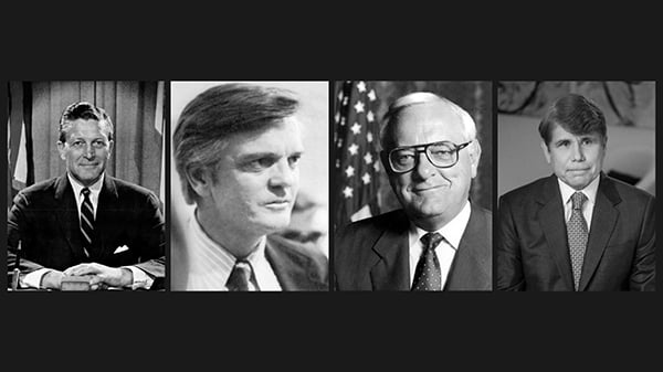 From left: Otto Kerner, Daniel Walker, George Ryan, and Rod Blagojevich Credits: Illinois Digital Archives; Public Domain; Public Domain; Liz Markel for WTTW A black and white collage of former Illinois governors. From left: Otto Kerner, Daniel Walker, George Ryan, and Rod Blagojevich