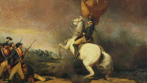 Washington rears on a white horse in front of troops in a painting