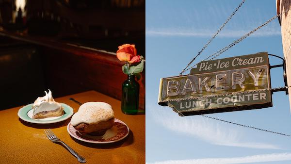 A vintage neon sign against a blue sky next to a photo of a slice of pie and a cinnamon roll on a table