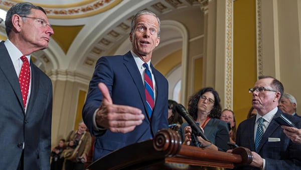 Senate Majority Leader John Thune, R-S.D., joined at left by Sen. John Barrasso, R-Wyo., speaks to reporters after a closed-door meeting with fellow Republicans, at the Capitol in Washington, Tuesday, Dec. 9, 2025. (AP Photo / J. Scott Applewhite)