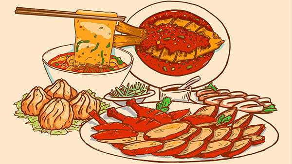Illustrations of soup dumplings, biang biang noodles lifted on chopsticks, a whole fish doused in red sauce, and roast sliced duck