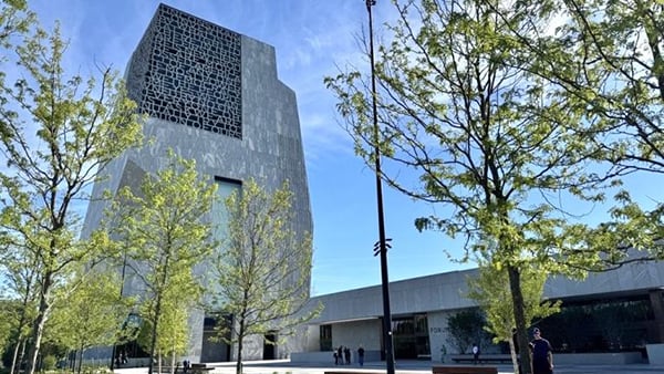 The Obama Presidential Center’s museum tower and plaza, June 3, 2026. (Nicole Cardos / WTTW News)