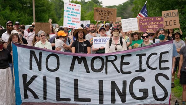 Protesters gather near a U.S. Immigration and Customs Enforcement facility Scarborough, Maine, one day after the shooting of Johan Sebastián Durán Guerrero, Tuesday, July 14, 2026. 