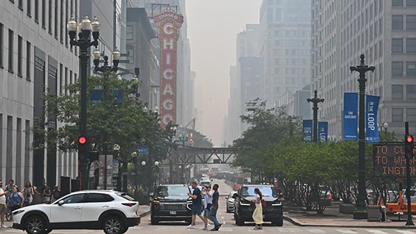 The Chicago Theater marquee pictured through smoky skies in the Loop