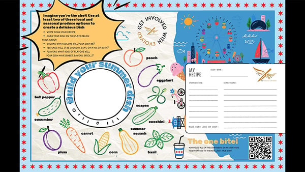 A coloring placemat with seasonal produce