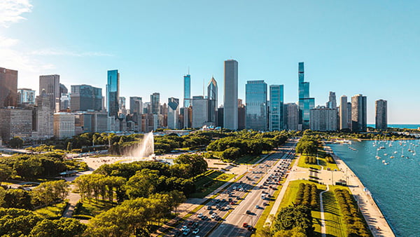A view of Grant Park and Chicago's skyline from the south