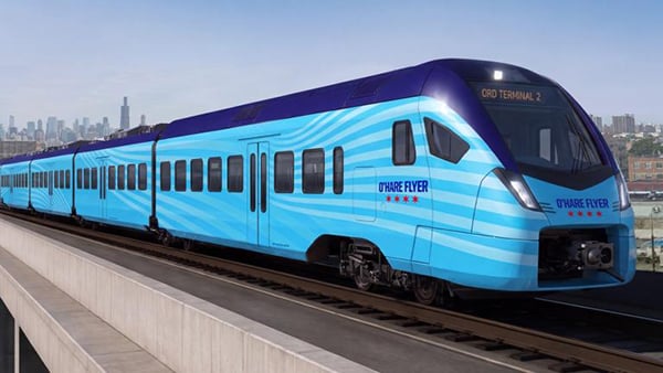 A rendering of a light blue express train
