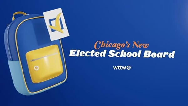 A graphic reading Chicago's New Elected School Board with an illustrated backpack 