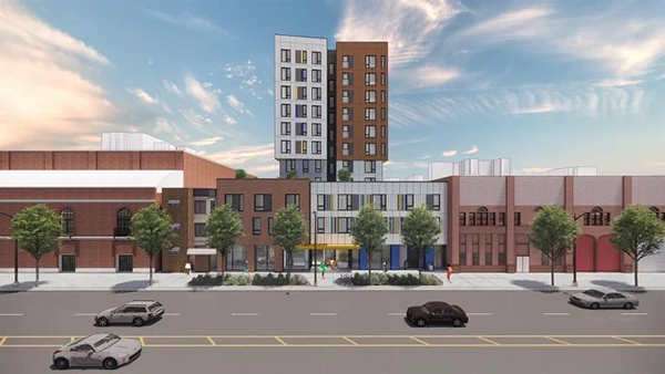 A rendering of a modern looking apartment building in Uptown
