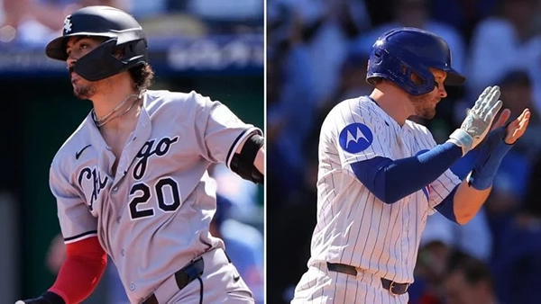 Chicago White Sox’s Miguel Vargas watches his RBI single on Sept. 24, 2026, in Kansas City, Mo. Chicago Cubs’ Ian Happ celebrates after scoring on Nico Hoerner’s RBI single on Sept. 24, 2026, in Chicago. (AP Photos / Charlie Riedel, Melissa Tamez)