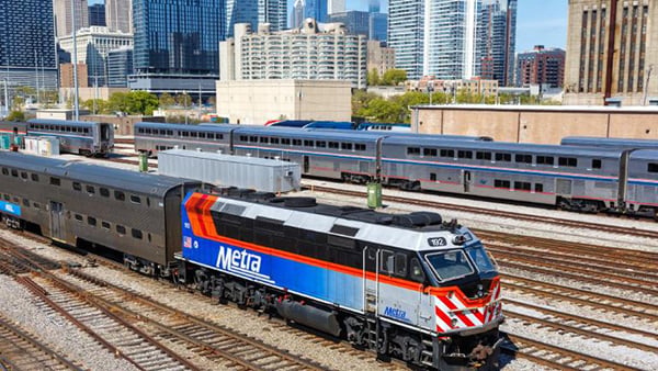 An aerial view of a Metra train