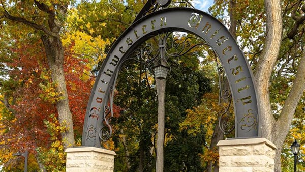 The Northwestern arch is pictured among fall-colored trees