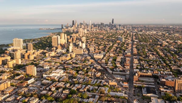 An aerial photo of Chicago looking south from the North Side