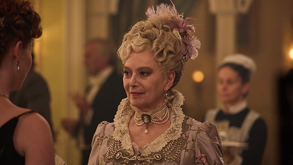 Ann Forsyte smiles slightly at someone at a party in soft golden light