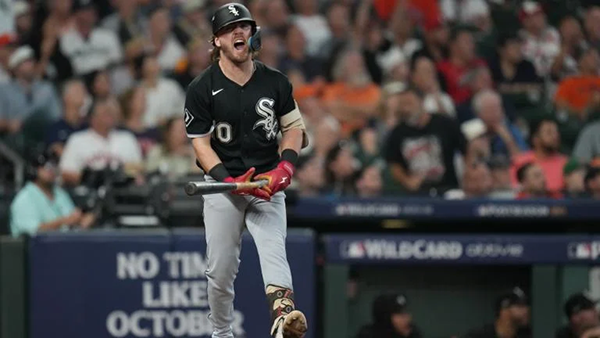 Chase Meidroth celebrates after hitting a 3-run homerun in game two of the wild card series