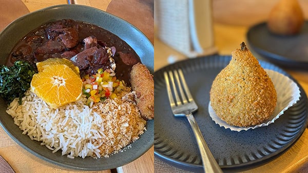 A bowl of feijoada next to a photo of a coxinha