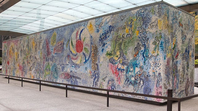 Marc Chagall’s grand mosaic mural celebrates the passing of the seasons. Photo credit: Alan Brunettin