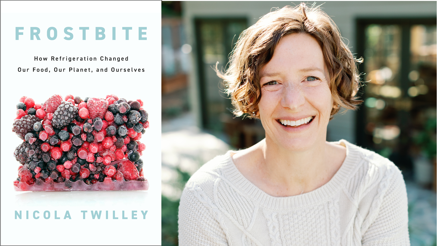 Nicola Twilley next to the cover of her book Frostbite