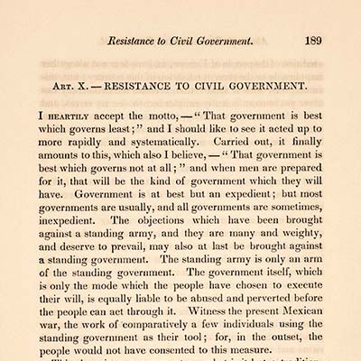 A page from Henry David Thoreau's essay, "Civil Disobedience," originally titled "Resistance to Civil Government," 1849.