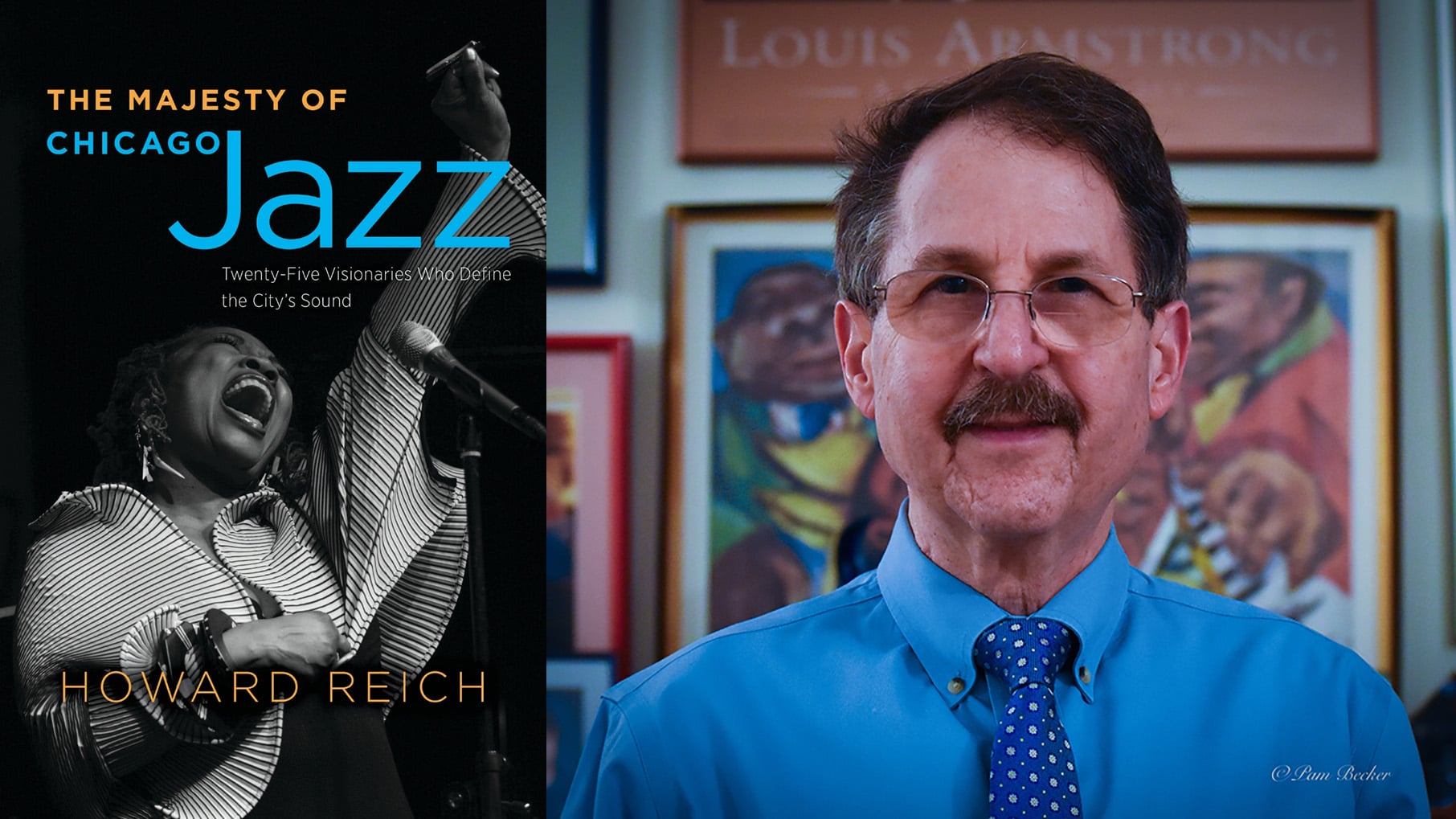 The cover of the book The Majesty of Chicago Jazz featuring a black and white image of a woman singing, next to a headshot of author Howard Reich in a blue shirt with a tie