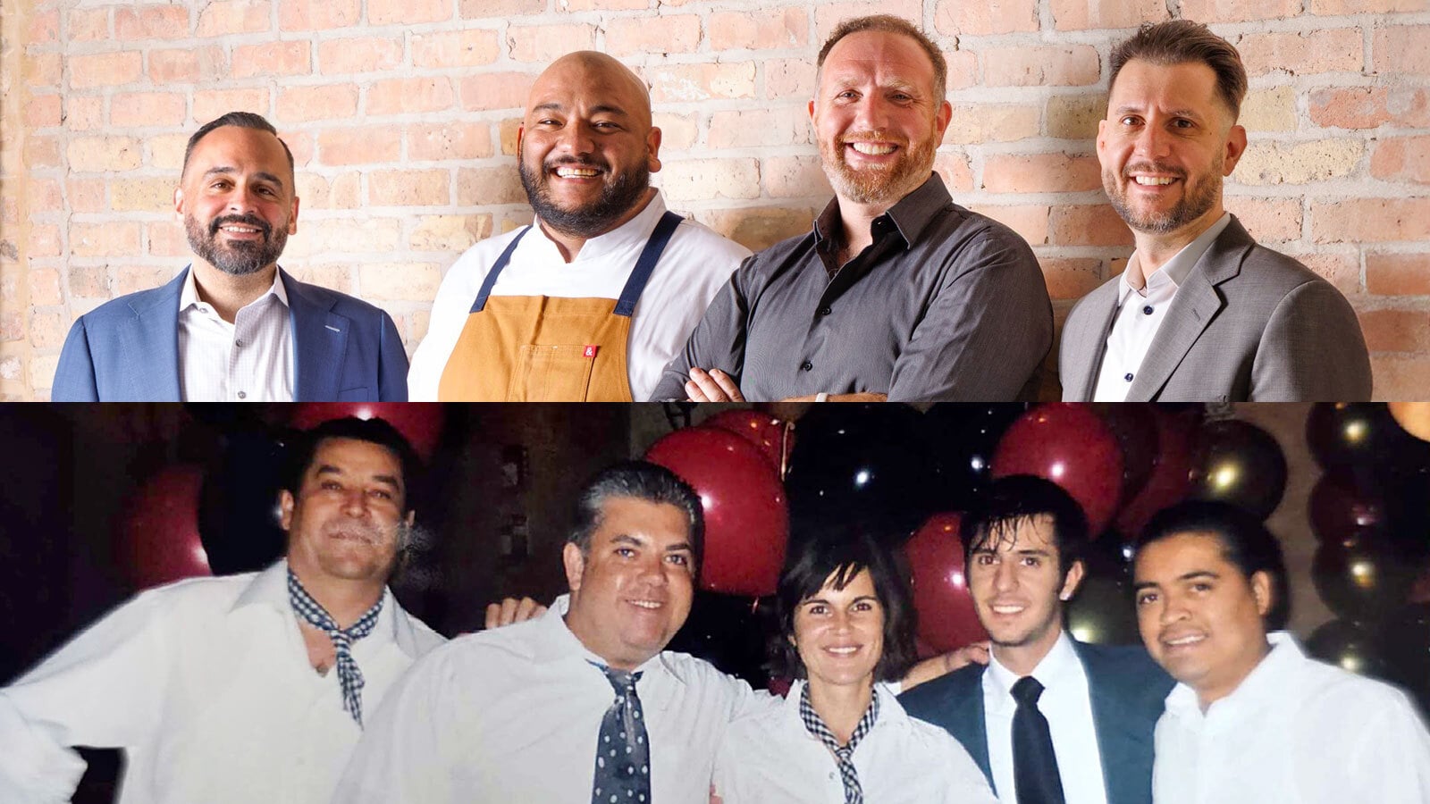 A line of people in a contemporary photo smile on top, with a line of people in an older photo smiling together on bottom