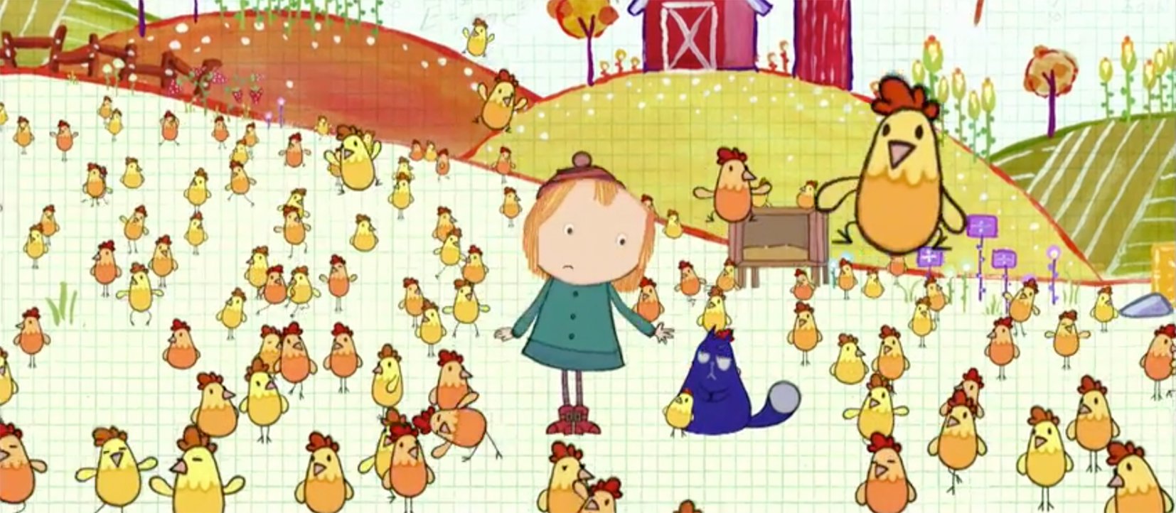 Cartoon child 'spying' fruits and vegetables at the supermarket