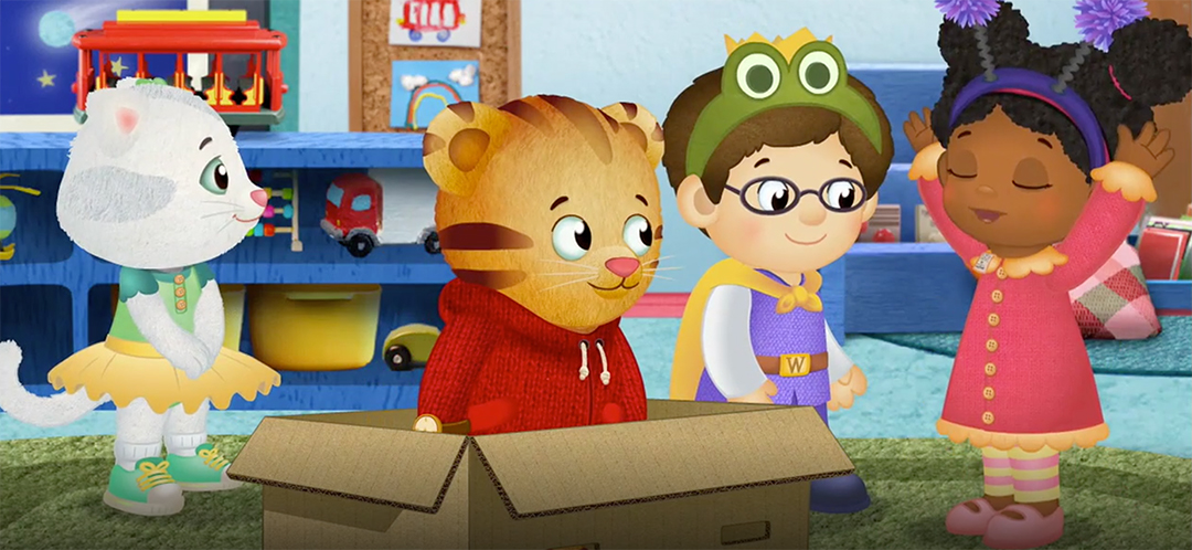 Cartoon child 'spying' fruits and vegetables at the supermarket
