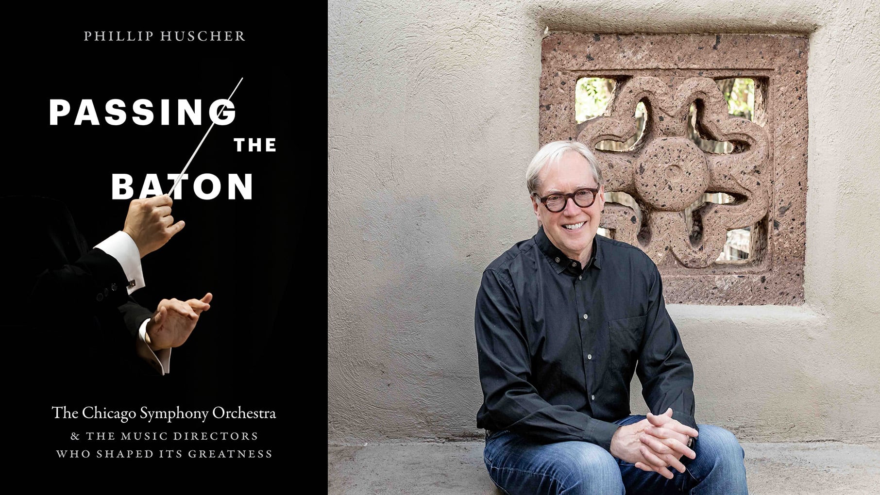 The cover of the book Passing the Baton next to a photo of its author Phillip Huscher posing outside