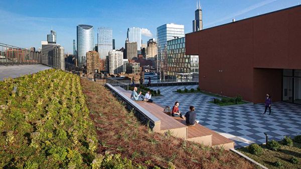 Fulton East is among the new sites participating in Open House Chicago 2022. It is pictured with a lawn to the left and the city skyline in the background. (Courtesy of LJC)