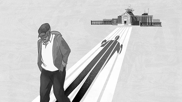 An illustration of an older man walking away from prison with his shadow showing a man behind bars