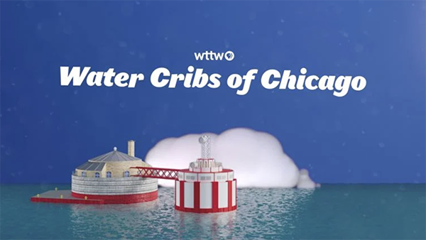 A graphic reading Water Cribs of Chicago with an illustration of a Lake Michigan water crib