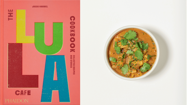 The cover of the Lula Cafe Cookbook next to a dish from it, sweet and sour cabbage soup