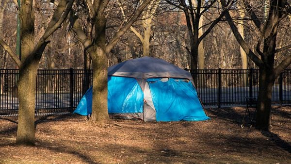A tent stands in a park under trees next to a fence