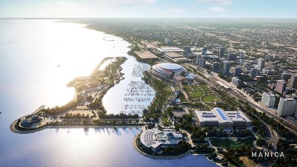 An aerial view of Chicago's lakefront with a proposed new Bears stadium