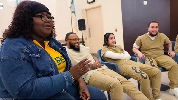 DePaul student Nana Ampoto talks during a book club at Department Of Corrections Division 11 in Chicago, Monday, April 22, 2024. (Nam Y. Huh / AP Photo)