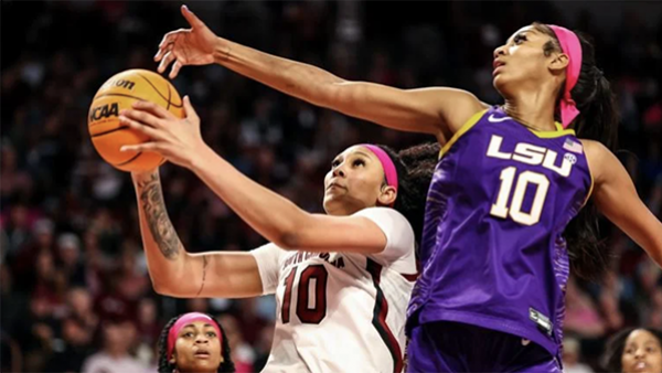 South Carolina Gamecocks center Kamilla Cardoso drives past LSU Lady Tigers forward Angel Reese in the first half at Colonial Life Arena on Feb. 12, 2023, in Columbia, South Carolina. (Jeff Blake / USA Today Network via CNN Newsource)