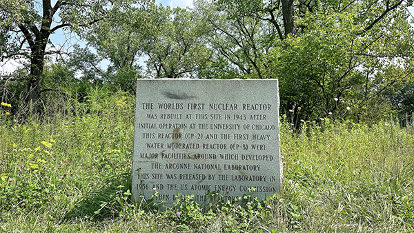 A stone sign marking the World's First Nuclear Reactor. Credit: Jessica Mlinaric
