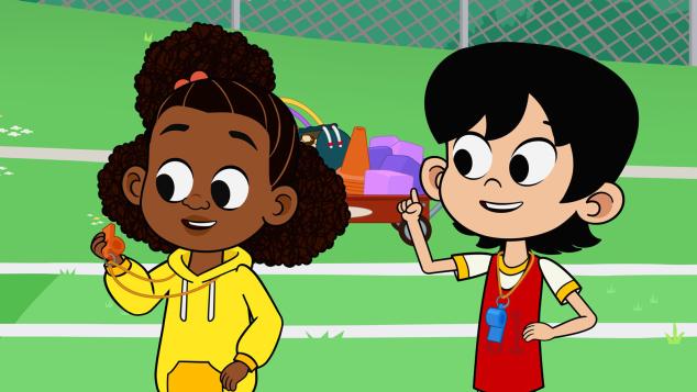 Animated Lyla character holding a whistle on a playground