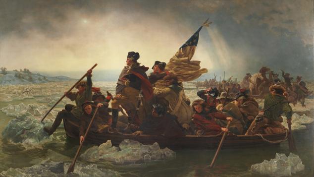 George Washington crosses the Delaware River with Continental Army soldiers in a crowded boat surrounded by floating ice