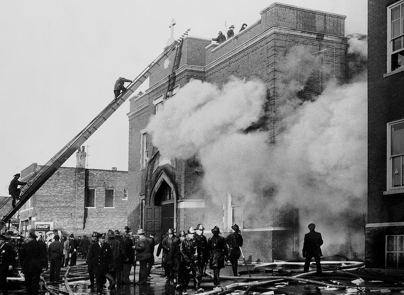 Fighting the 1958 fire at Our Lady of the Angels school in Chicago.