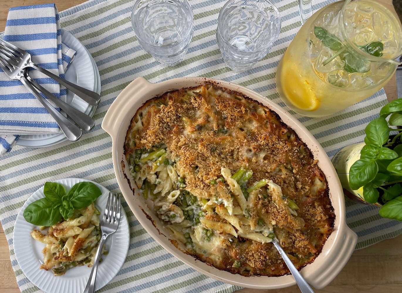 Four Cheese Baked Macaroni with asparagus and peas 