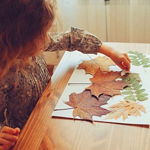 Child creating art with leaves.