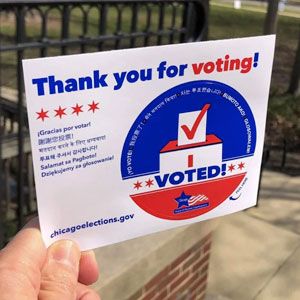 "Thank you for voting" sticker. Credit: Patty Wetli for WTTW News