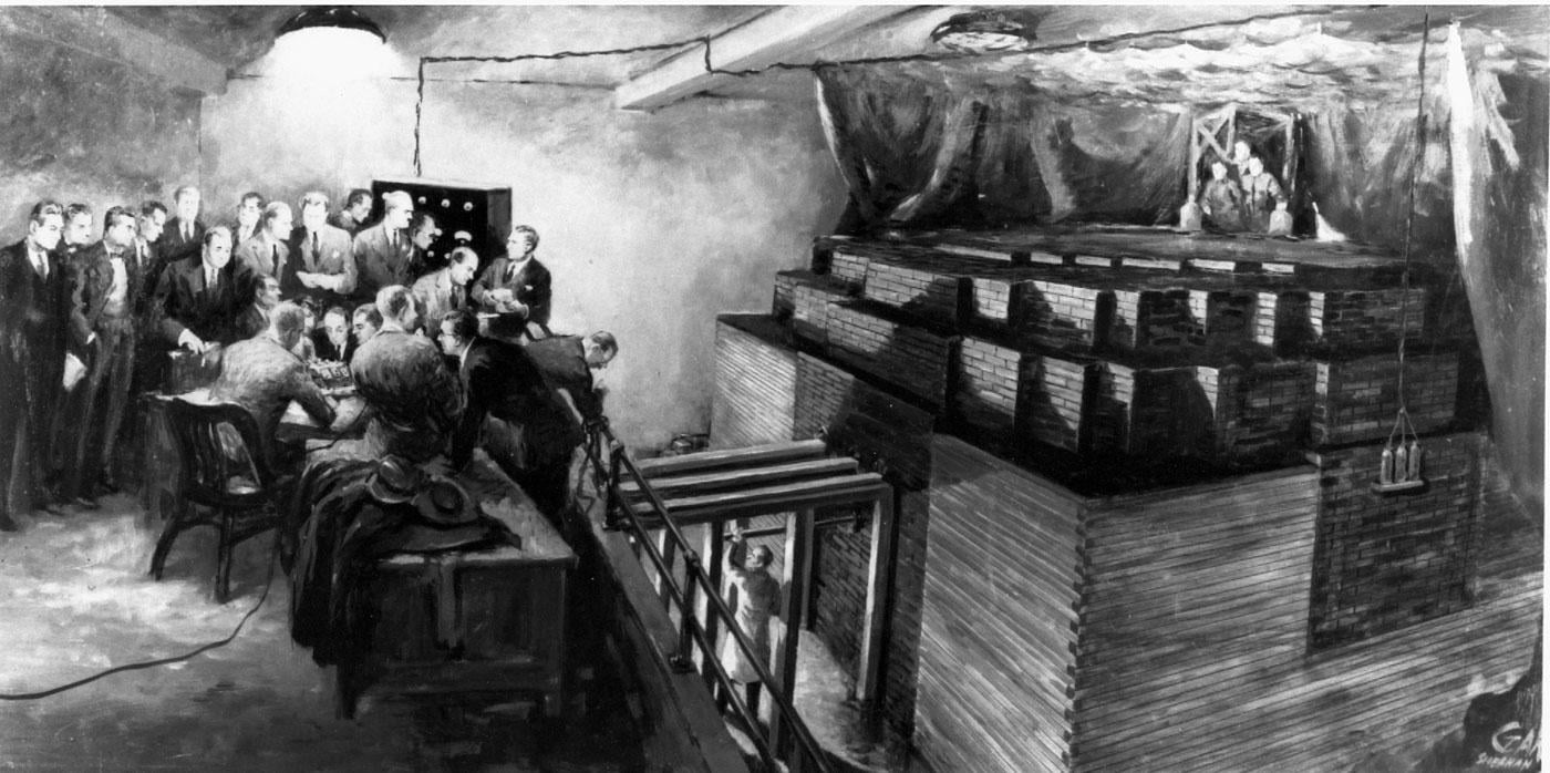 An illustration depicting Chicago Pile-1, the site of man's first controlled, self-sustaining nuclear reaction. (Image copyright Chicago Historical Society)